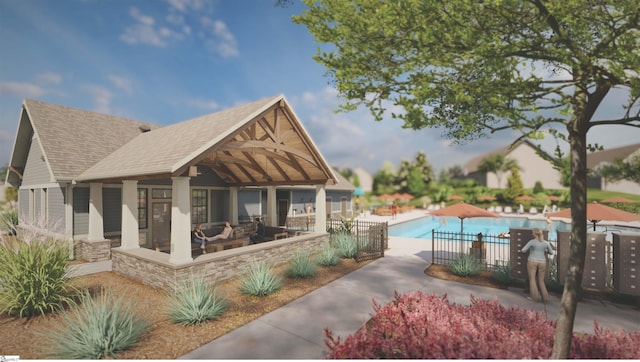 view of swimming pool featuring a fenced in pool, a patio area, and fence