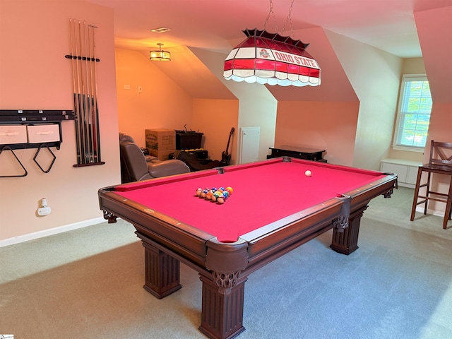 recreation room featuring baseboards, vaulted ceiling, carpet, and pool table