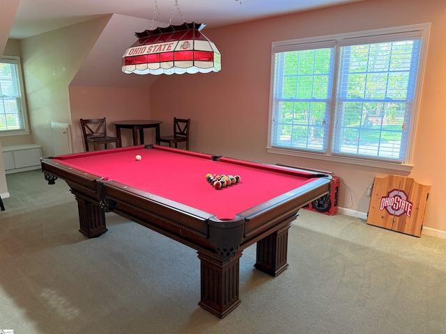 game room with pool table, baseboards, carpet, and plenty of natural light