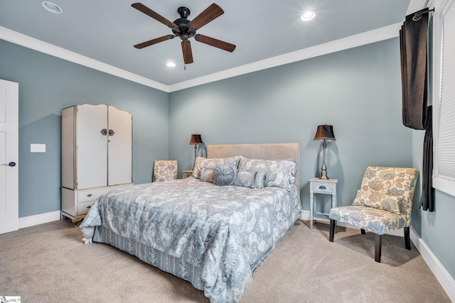 bedroom with baseboards, recessed lighting, ceiling fan, and carpet flooring