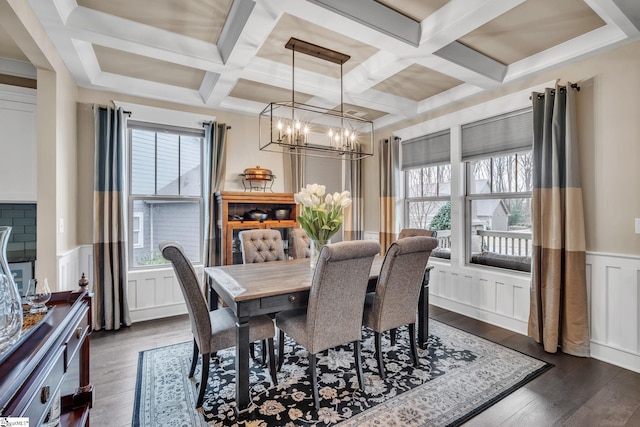 dining room with an inviting chandelier, coffered ceiling, and dark wood-type flooring