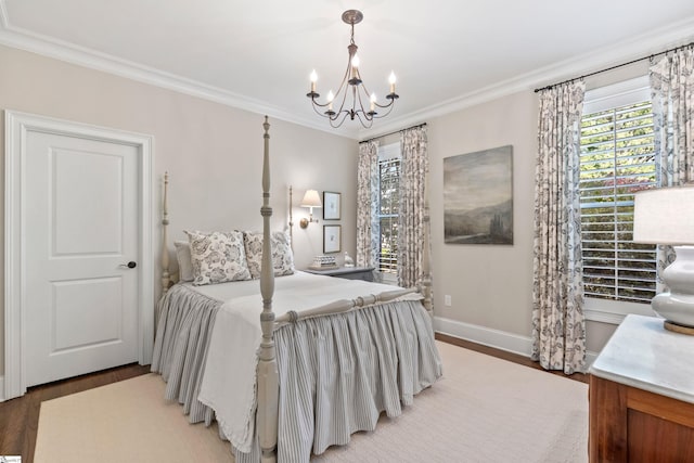 bedroom featuring crown molding, baseboards, light wood-type flooring, a notable chandelier, and access to outside