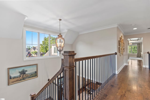 corridor with wood finished floors, an inviting chandelier, an upstairs landing, baseboards, and crown molding