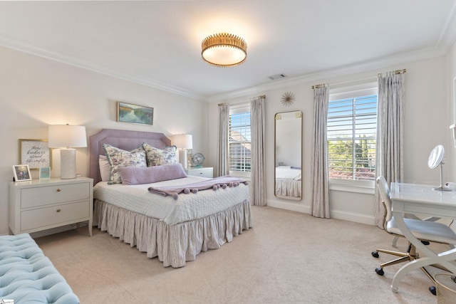 bedroom with baseboards, visible vents, ornamental molding, and light carpet