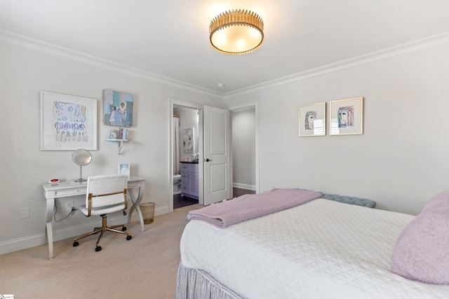 bedroom featuring carpet, connected bathroom, crown molding, and baseboards