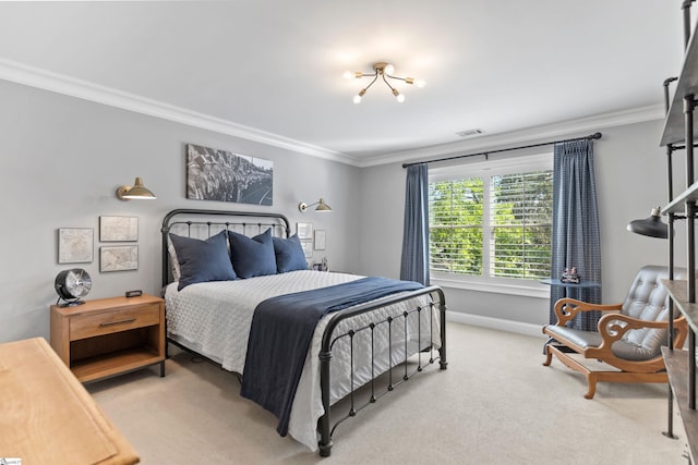 bedroom featuring visible vents, crown molding, and light carpet