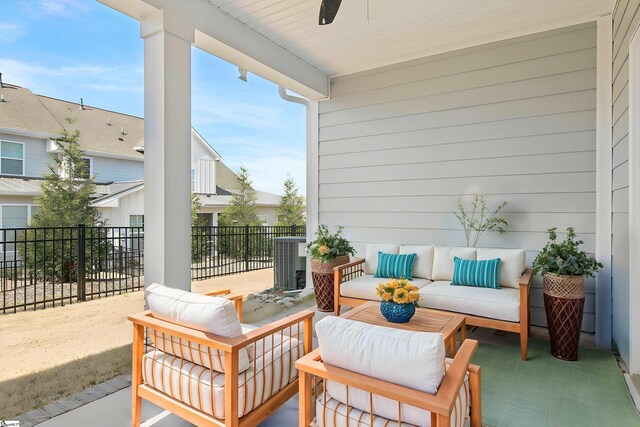 view of patio with fence, an outdoor hangout area, a ceiling fan, and central air condition unit