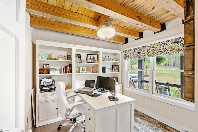 office featuring wood ceiling, light wood finished floors, and beamed ceiling