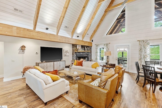 living area featuring visible vents, baseboards, beam ceiling, light wood-type flooring, and high vaulted ceiling