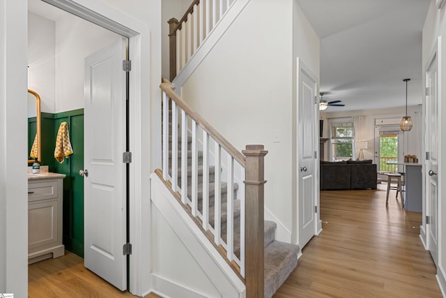 313 Glendon St, Greer, SC 29651 - staircase with a ceiling fan and wood finished floors