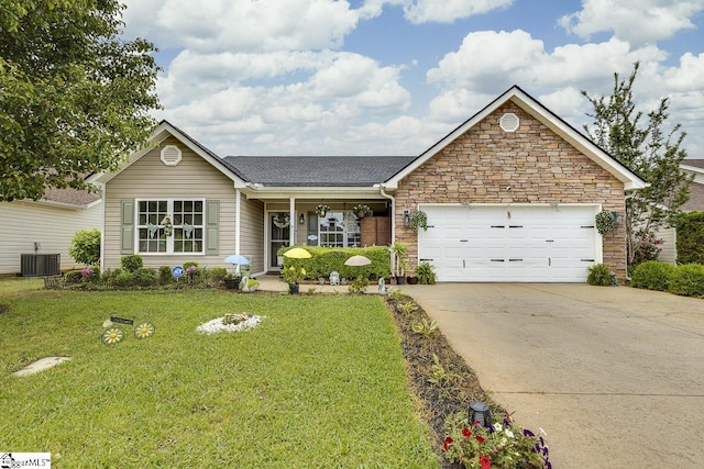 3 Heatherfield Dr, Simpsonville, SC 29680 - single story home with driveway, stone siding, a front yard, an attached garage, and central AC unit