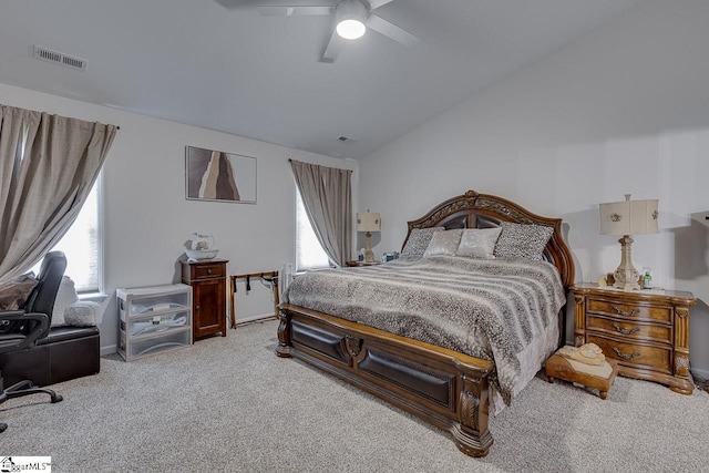 3 Heatherfield Dr, Simpsonville, SC 29680 - carpeted bedroom featuring visible vents, ceiling fan, vaulted ceiling, and baseboards