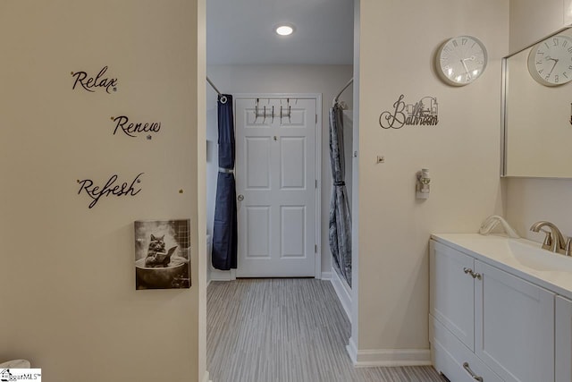 3 Heatherfield Dr, Simpsonville, SC 29680 - bathroom featuring a shower with curtain, recessed lighting, vanity, and baseboards