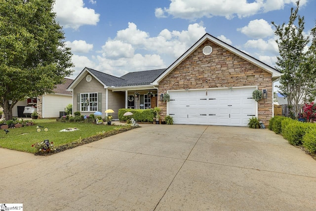 3 Heatherfield Dr, Simpsonville, SC 29680 - ranch-style house featuring a front lawn, driveway, stone siding, and a garage