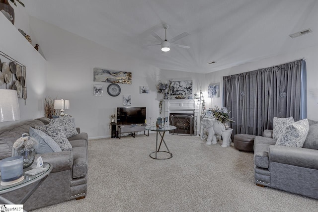 3 Heatherfield Dr, Simpsonville, SC 29680 - carpeted living room featuring baseboards, visible vents, a ceiling fan, and a fireplace