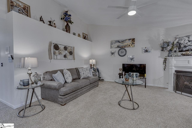 3 Heatherfield Dr, Simpsonville, SC 29680 - carpeted living area featuring a fireplace with flush hearth, ceiling fan, and baseboards