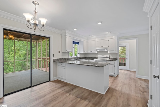 kitchen with white cabinetry, plenty of natural light, under cabinet range hood, electric range, and a peninsula