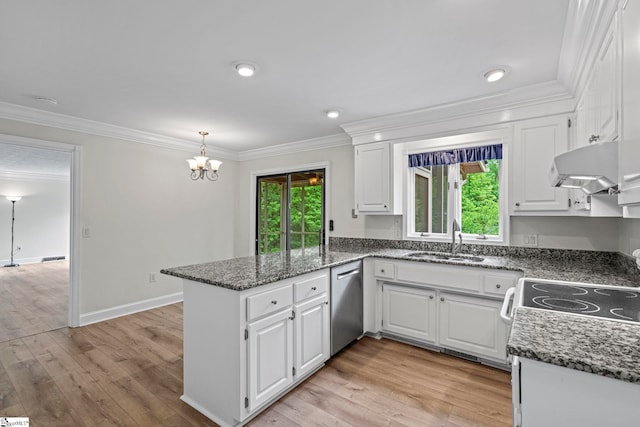 kitchen with white cabinetry, stainless steel dishwasher, a sink, a peninsula, and range hood