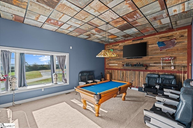 playroom featuring wood walls, visible vents, carpet floors, baseboards, and billiards