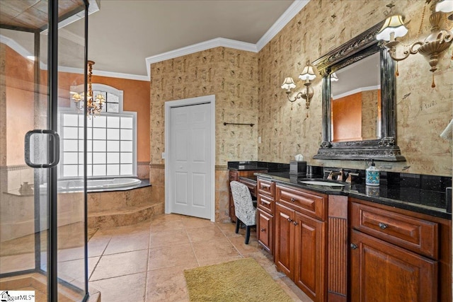 full bath featuring vanity, crown molding, a shower stall, and a bath
