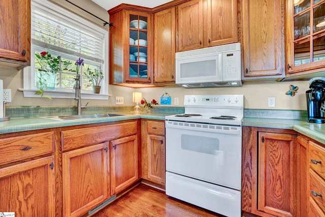 1230 Melton Rd Unit 104, West Union, SC 29696 - kitchen featuring white appliances, glass insert cabinets, light countertops, brown cabinets, and light wood finished floors