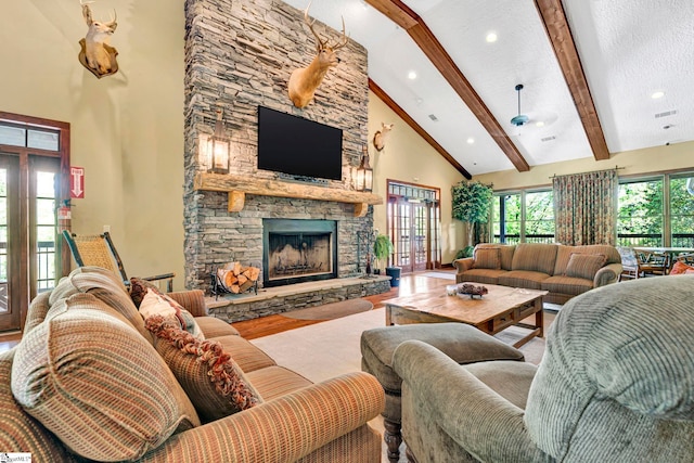 1230 Melton Rd Unit 104, West Union, SC 29696 - living area with recessed lighting, wood finished floors, beamed ceiling, a fireplace, and high vaulted ceiling