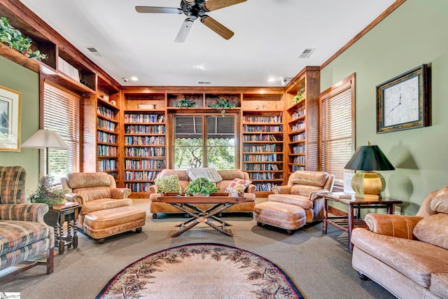 1230 Melton Rd Unit 104, West Union, SC 29696 - living area with a ceiling fan, built in features, carpet floors, and a healthy amount of sunlight