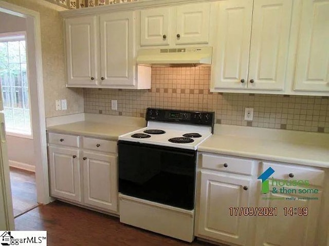 317 Farnsworth Rd, Spartanburg, SC 29301 - kitchen featuring white range with electric cooktop, under cabinet range hood, healthy amount of natural light, and white cabinetry
