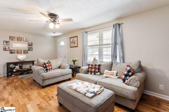 411 Granada Dr, Spartanburg, SC 29303 - living room featuring a textured ceiling, a ceiling fan, light wood-style flooring, and baseboards