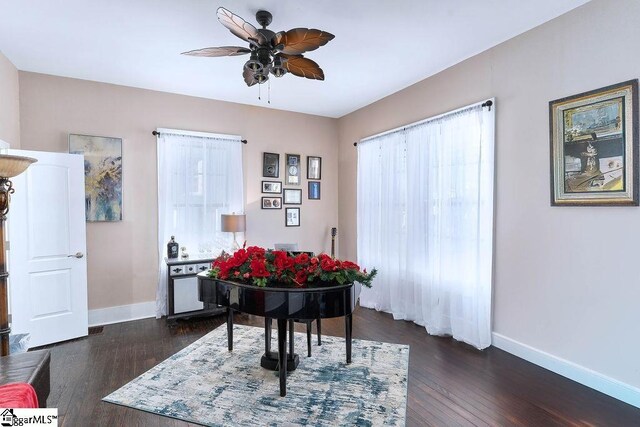 15 S Greenwood Ave, Ware Shoals, SC 29629 - office space with a ceiling fan, a healthy amount of sunlight, dark wood-style flooring, and baseboards