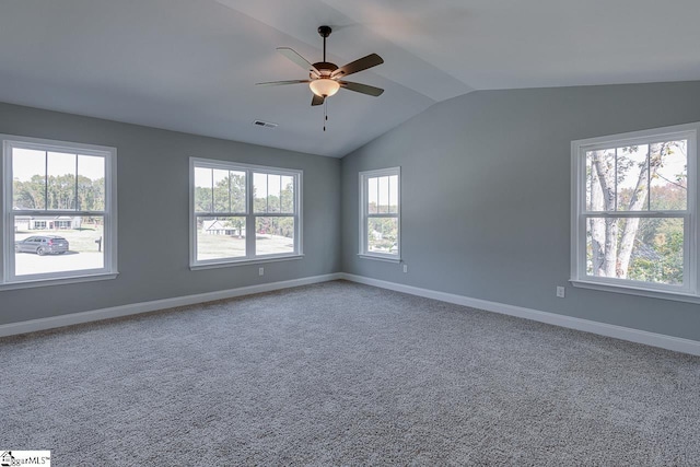 104 Pawleys Ct, Anderson, SC 29625 - carpeted spare room featuring baseboards, visible vents, ceiling fan, and vaulted ceiling