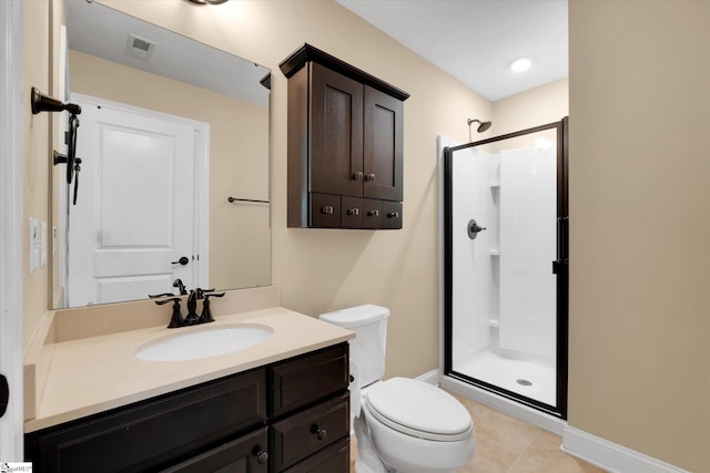 bathroom with vanity, toilet, a stall shower, visible vents, and baseboards