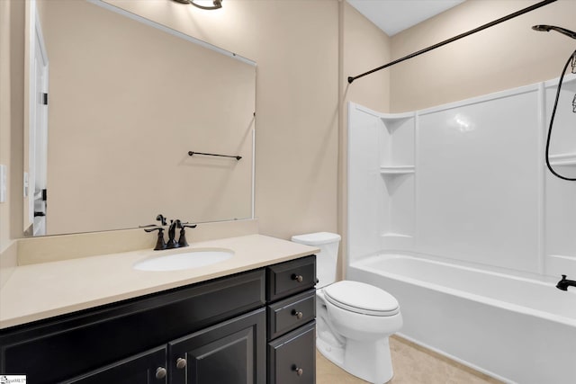 bathroom with tile patterned floors, shower / washtub combination, toilet, and vanity