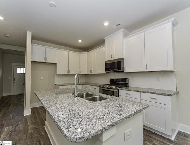 kitchen with appliances with stainless steel finishes, dark wood-style flooring, a sink, baseboards, and visible vents