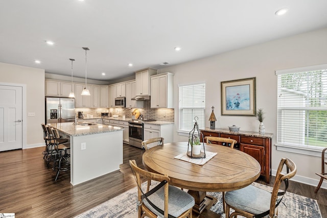 kitchen with tasteful backsplash, a sink, stainless steel appliances, dark wood-style floors, and a kitchen island with sink