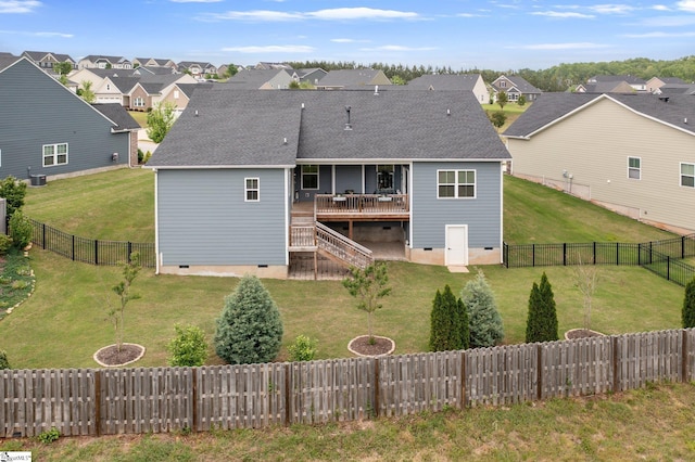 back of house featuring a wooden deck, a residential view, stairs, and crawl space