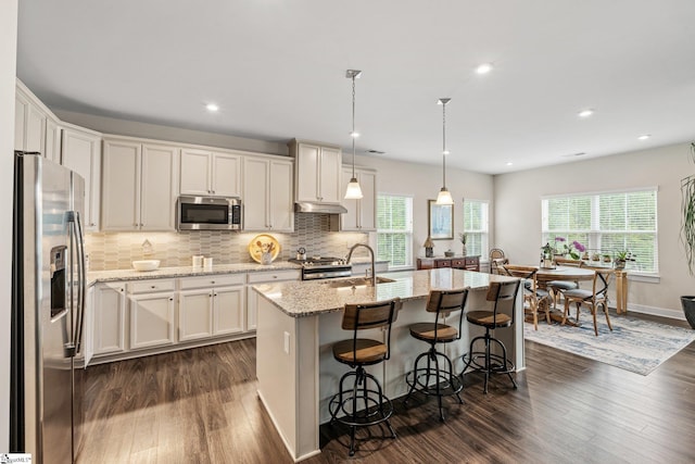 kitchen featuring a sink, dark wood-style flooring, decorative backsplash, appliances with stainless steel finishes, and plenty of natural light