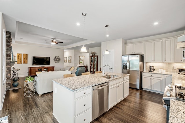 kitchen with appliances with stainless steel finishes, ceiling fan, a sink, dark wood-type flooring, and a tray ceiling