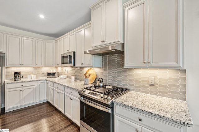kitchen with tasteful backsplash, stainless steel appliances, light stone countertops, and under cabinet range hood