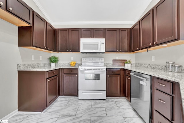 kitchen with crown molding, marble finish floor, light stone countertops, and white appliances