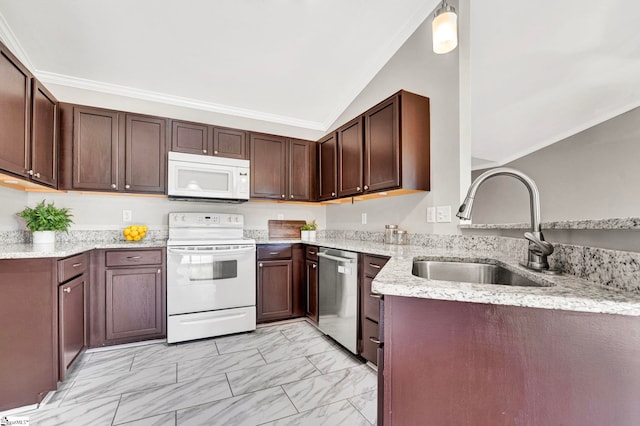 kitchen with lofted ceiling, light stone counters, a sink, white appliances, and marble finish floor