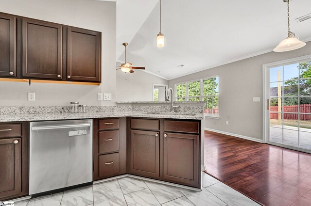 kitchen featuring stainless steel dishwasher, a sink, ceiling fan, dark brown cabinets, and a peninsula