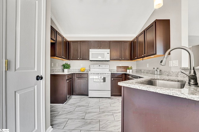kitchen with a sink, dark brown cabinets, light stone countertops, white appliances, and marble finish floor