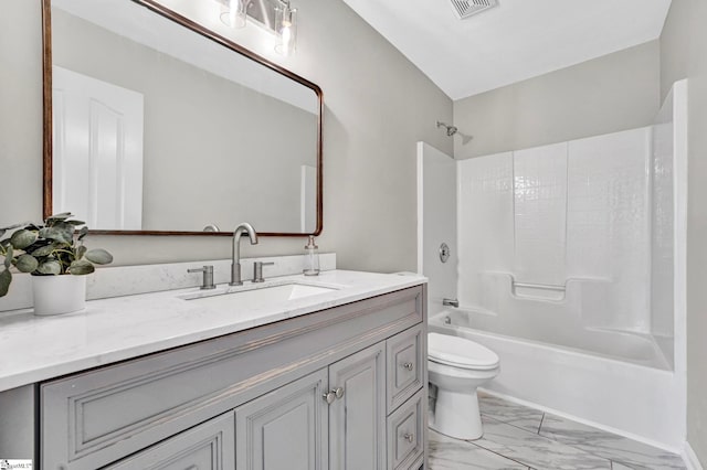 full bath featuring visible vents, toilet, shower / bath combination, vanity, and marble finish floor