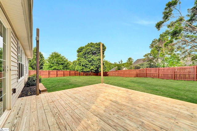 wooden deck with a fenced backyard and a lawn
