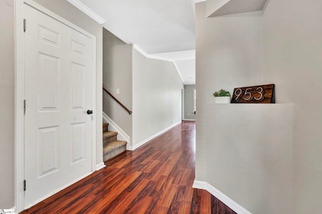 hall with crown molding, baseboards, and dark wood finished floors