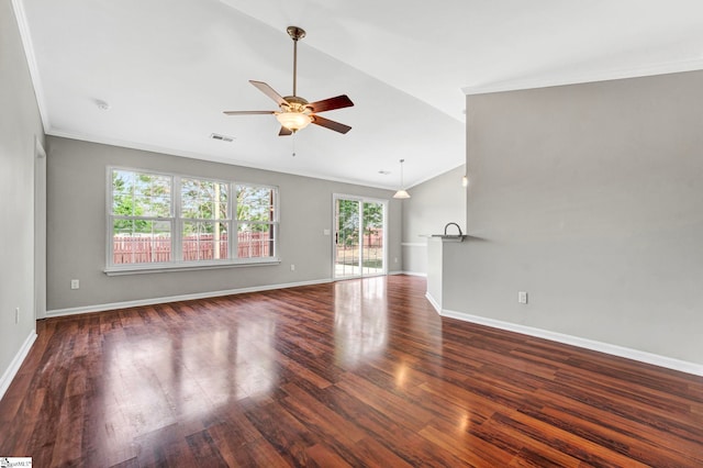unfurnished living room featuring lofted ceiling, ceiling fan, and ornamental molding