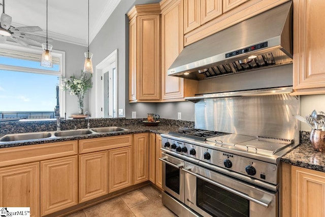 400 Stony Rd, Landrum, SC 29356 - kitchen with a sink, under cabinet range hood, range with two ovens, ornamental molding, and hanging light fixtures