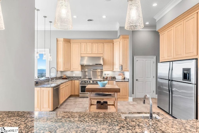 400 Stony Rd, Landrum, SC 29356 - kitchen featuring ornamental molding, stainless steel appliances, under cabinet range hood, and a sink