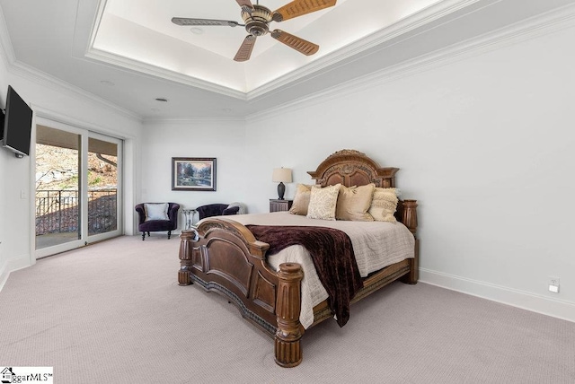 400 Stony Rd, Landrum, SC 29356 - bedroom with light colored carpet, access to outside, a raised ceiling, a ceiling fan, and crown molding
